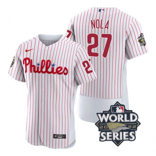 Phillies 27 Aaron Nola White Nike 2022 World Series Flexbase Jersey,We sell and wholesale Phillies 27 Aaron Nola White Nike 2022 World Series Flexbase Jersey on line form chian!